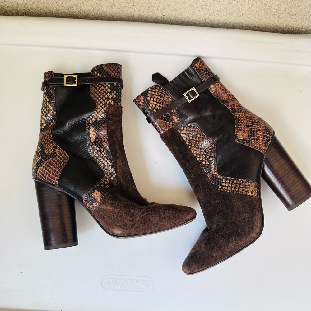 Tory Burch Animal Print Suede Leather Midi Heeled Booties